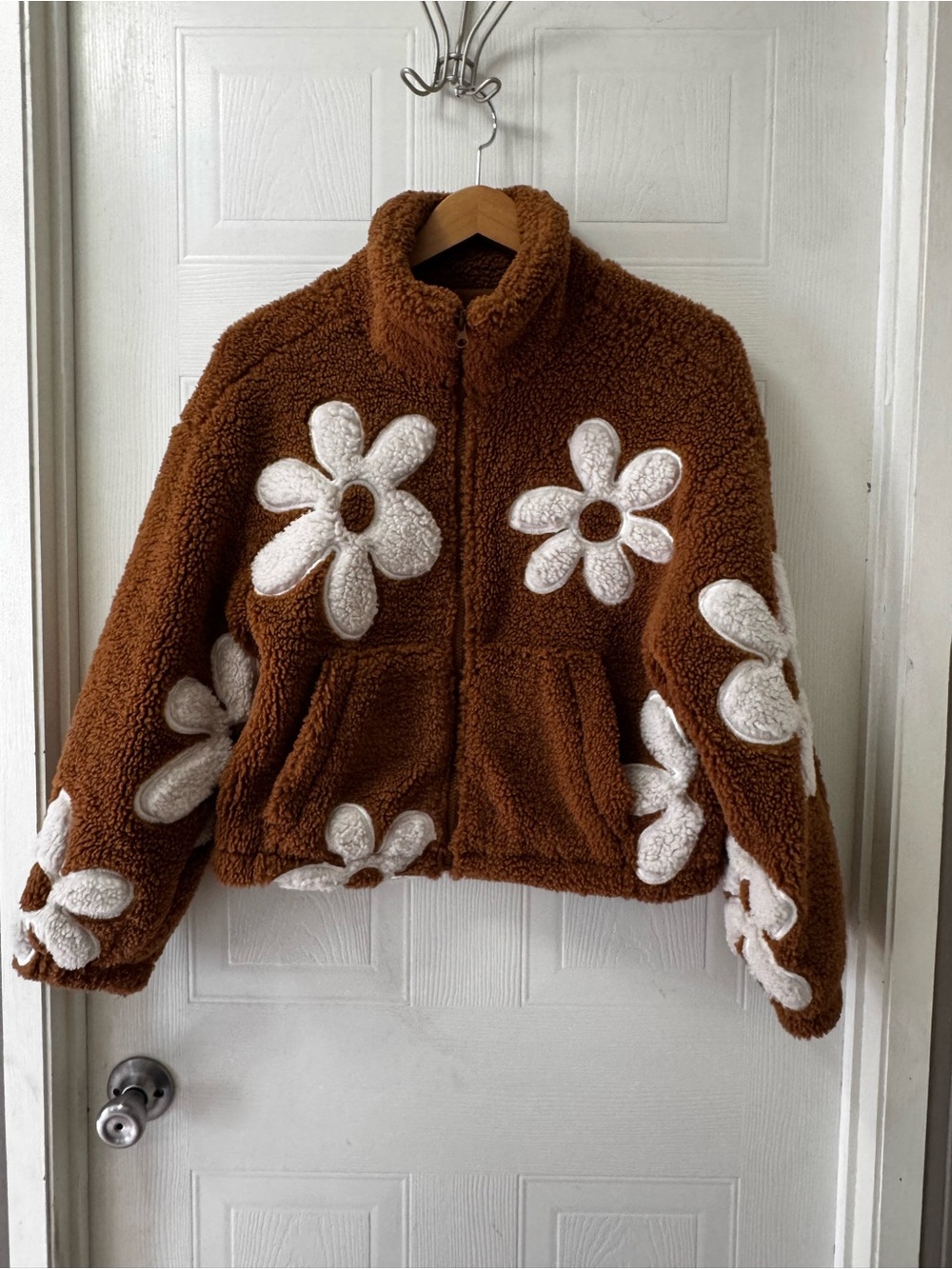 Thread & Supply Brown Teddy Jacket with White Daisy Appliqués